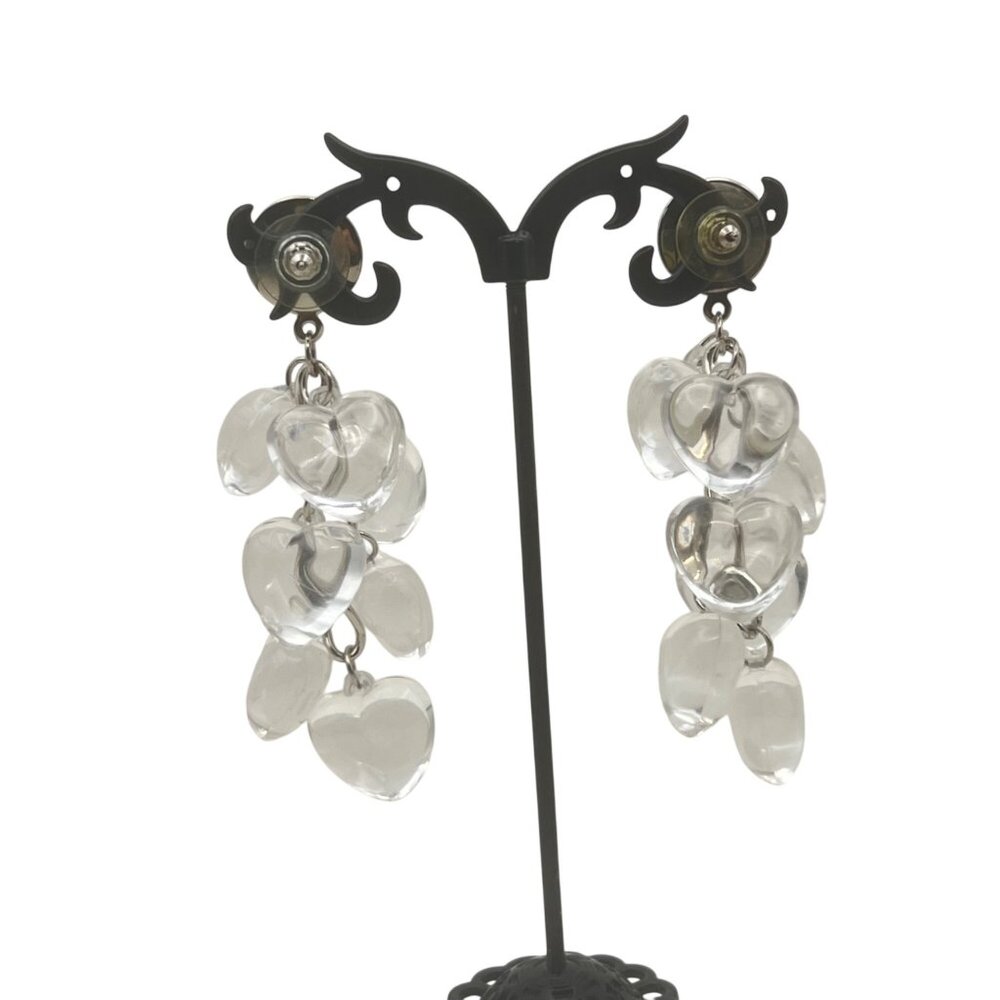 Vintage Clear Lucite Earrings Puffy Heart Silver-Tone Dangling 3" Y2K Statement - Picture 8 of 8